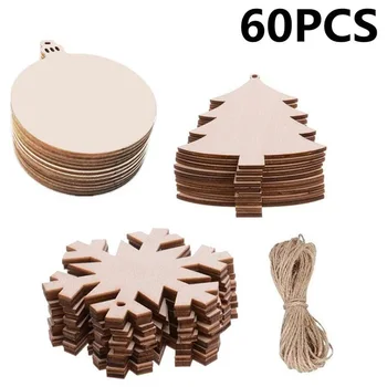 

60Pcs Rustic Wooden Bauble Wood Snowflake Tree Round Hanging Decor Christmas Wedding Party DIY Craft Hung Decoration