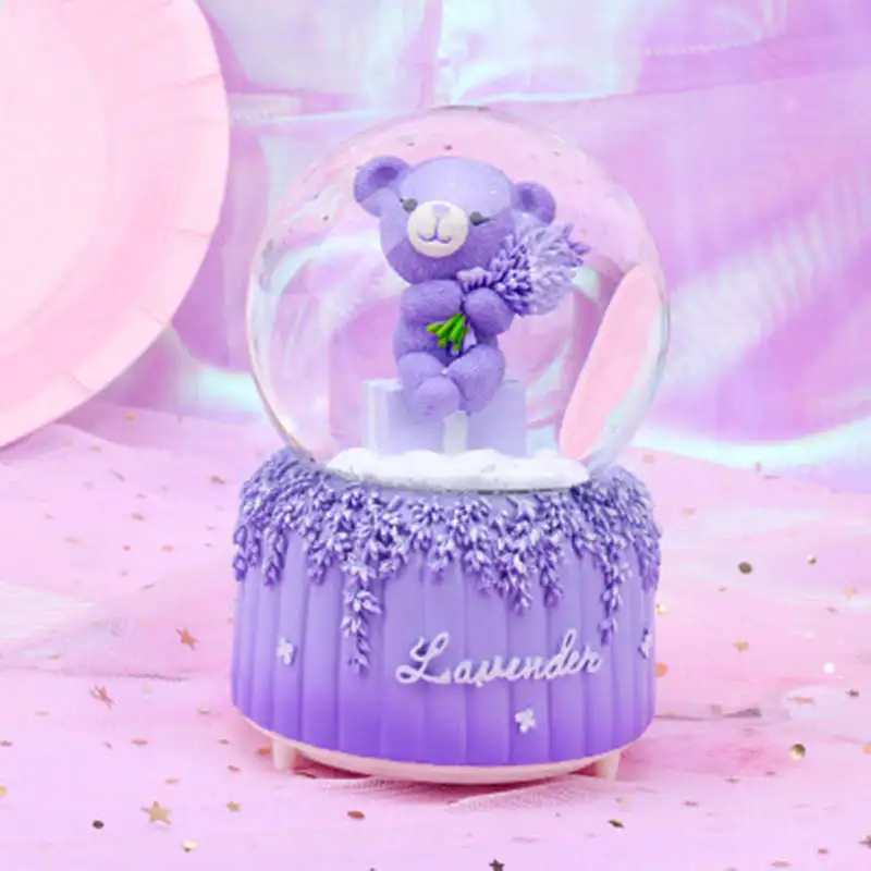 LORONZ Lavender Purple Bear Lover Music Boxes Crystal Snow Globe Music Box With Light Christmas Valentine's Day Girlfriend Gifts