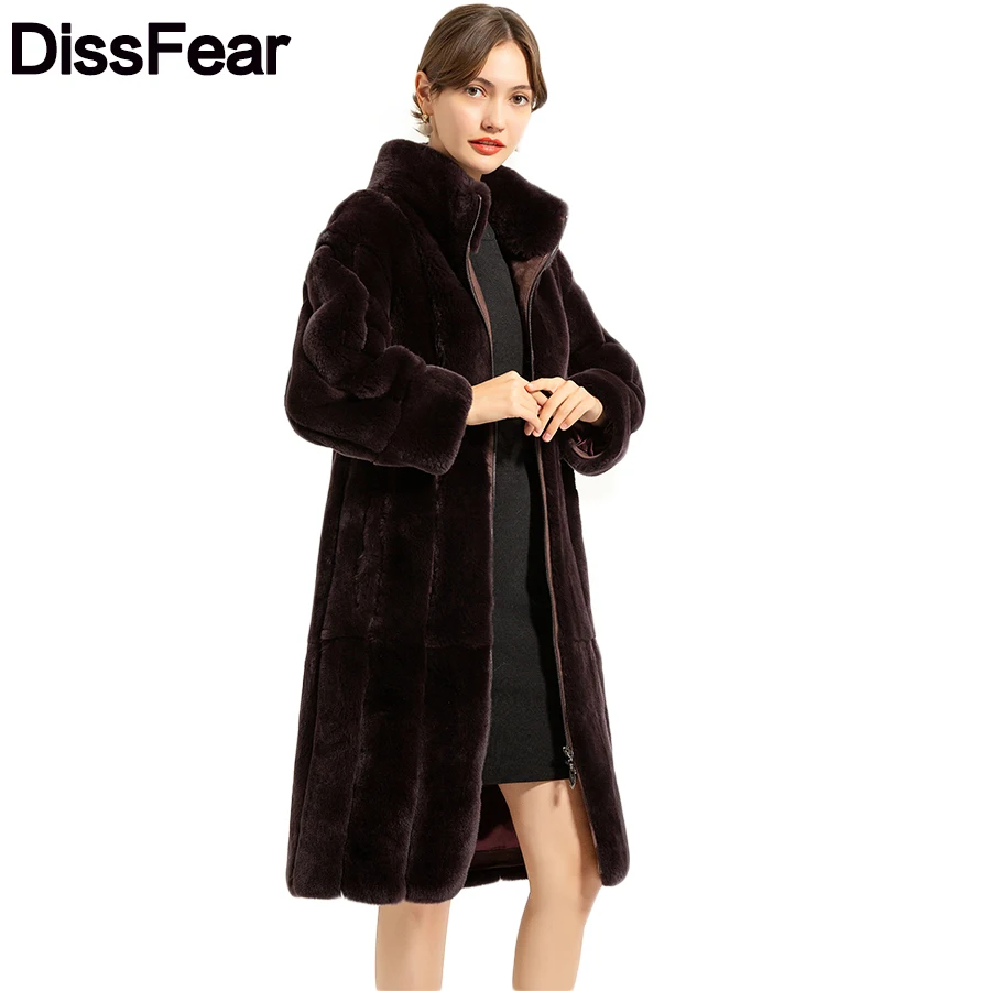 100cm Rex Rabbit Fur Coat Thick Warm Winter Women Clothing Overcoat Women Natural Fur Stand Collar Jacket
