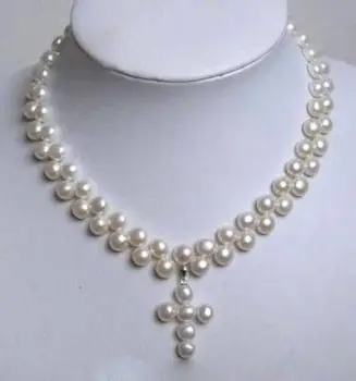 

Wholesale price 16new ^^^^Charming 2 Rows White Akoya Cultured Pearl Cross Pendant Necklace 18"