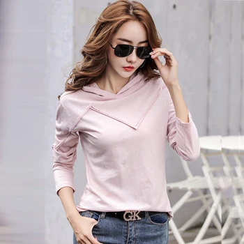 كم طويل مقنع تي شيرت الخيزران القطن الخريف الشتاء بلايز جديد 2025 تي شيرت المرأة عادية المرقعة تي شيرت فام أبيض أسود