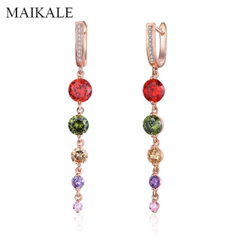

MAIKALE Romantic Rose Gold Zirconia Long Earrings Multicolor CZ Beads Dangle Drop Tassel Earrings for Women Jewelry Girls Gifts