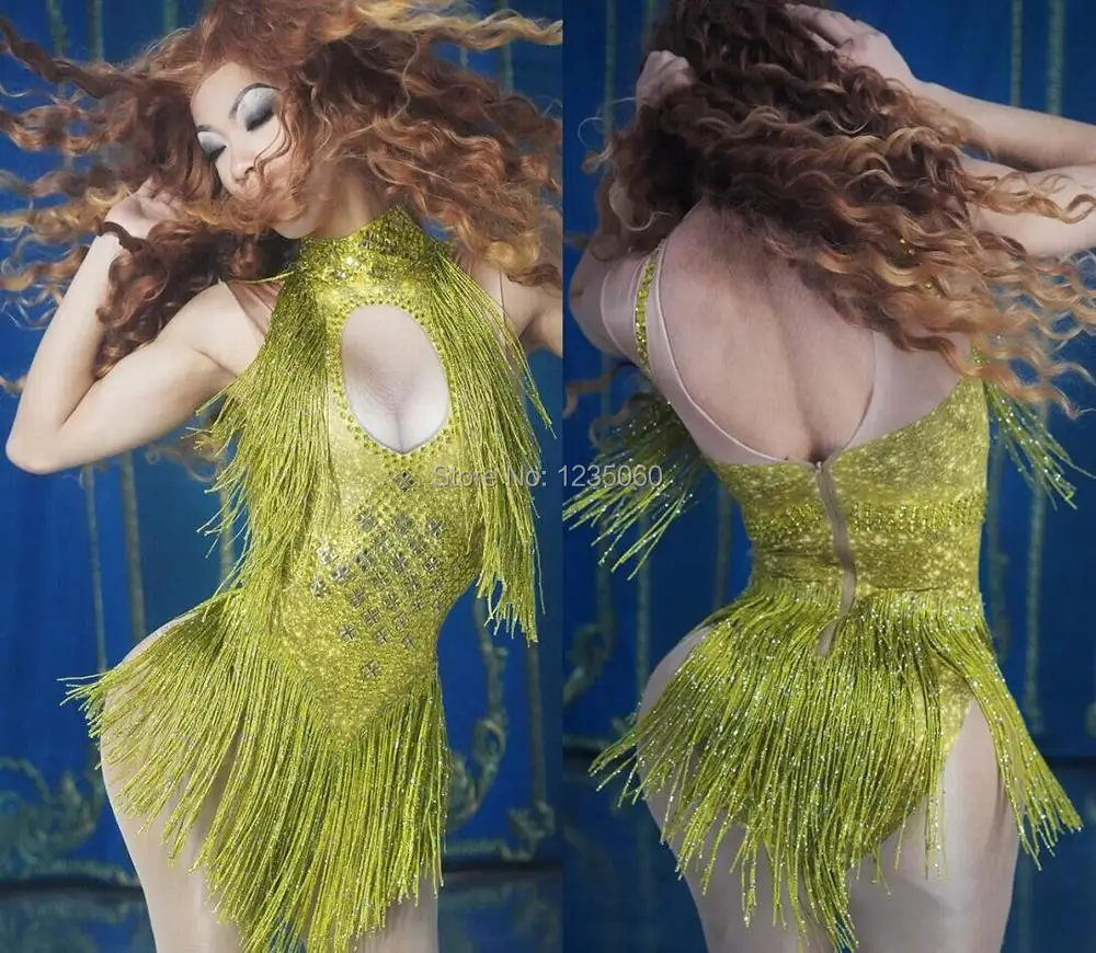 Sparkly Rhinestones Tassel Leotard Nightclub Dance DS Show Stage Wear Stretch Bodysuit Party Female Singer Outfit Girl clothing