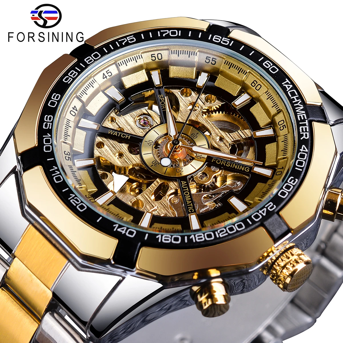 Forsining Skeleton Dial Mechanical Watches Men's Luminous Automatic Golden Watch Waterproof Sport Style Wristwatch Montre Homme