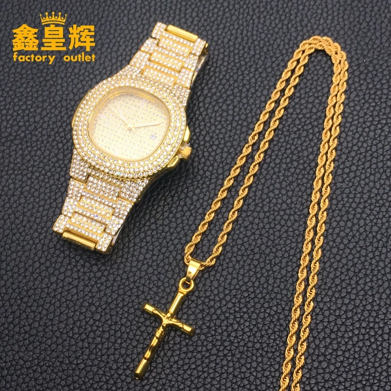 

Luxury men's diamond watch men's hip-hop Diamond Watch & Jesus Cross Necklace Pendant combination suit, fashionable and simple