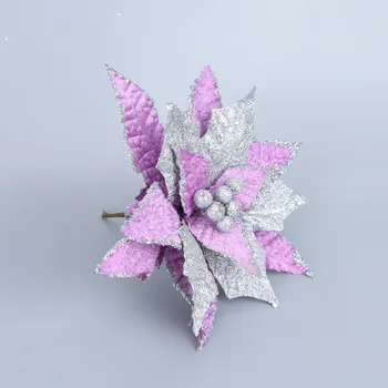 

5pcs Fancy Cuttings Artificial Lavender Flowers Glitter Poinsettia Home Ornaments Festivals Christmas Tree Decor Party Supplies