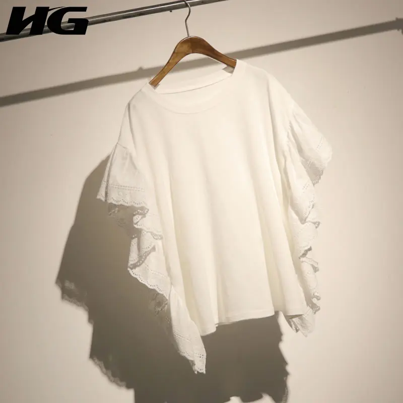 

XITAO Women Summer New Korea Fashion O-neck Short Sleeve Casual Tee Female Solid Color Patchwork Lace Loose T-shirt WBB4020