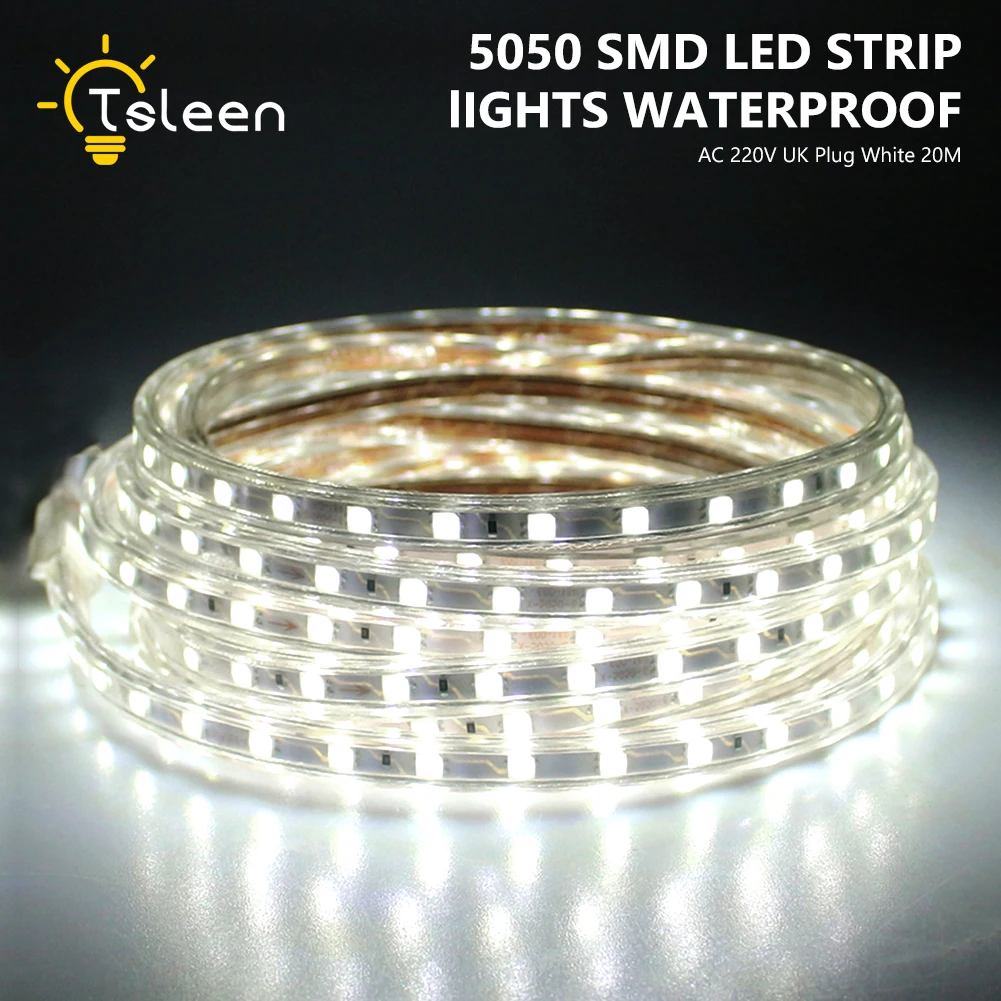 Супер яркий SMD5050 Водонепроницаемый 220 В Светодиодные полосы света 1 м/5 м/10 м/15 м/20 м Cuttable кухня открытый сад лампа лента с вилкой Великобритании