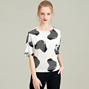 

Blouse Women Shirt 93% Silk Plus Size Printed Simple Design O Neck Short Sleeves 2 Colors Casual Top New Fashion