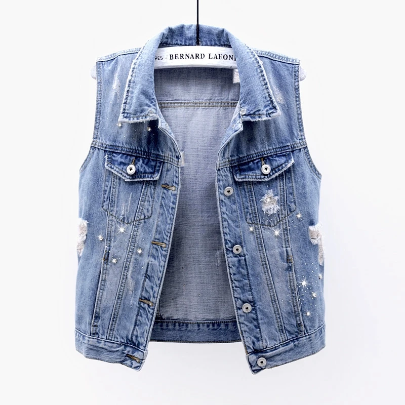 Vintage Wash Blue Denim Vest Women Slim 