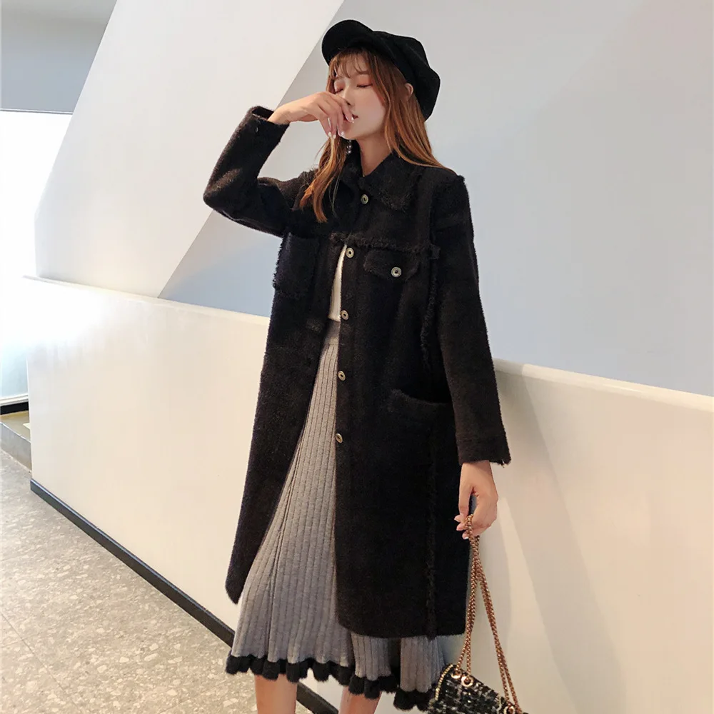 Водное кашемировое пальто из норки женский осень и зима стиль корейский стиль сплошной цвет длинный кардиган Толстая искусственная норка Cas