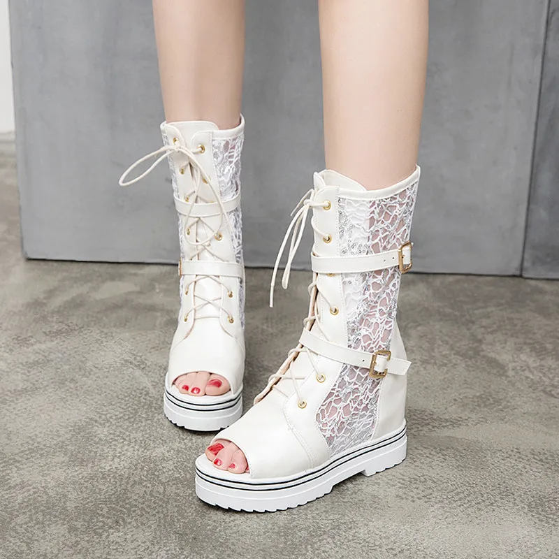 

2019 Gladiator Buckle Strap Cross Tied Lace Up Platform Summer Lace Mesh Ankle Boots Female Peep Toe White Black Sandals