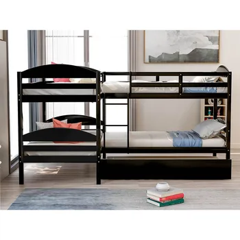 

L-shaped Five-person Pine Wood Bunk Bed Multifunctional Upper Deck With Guardrail Fashion Durable Beautiful Bedroom Furniture