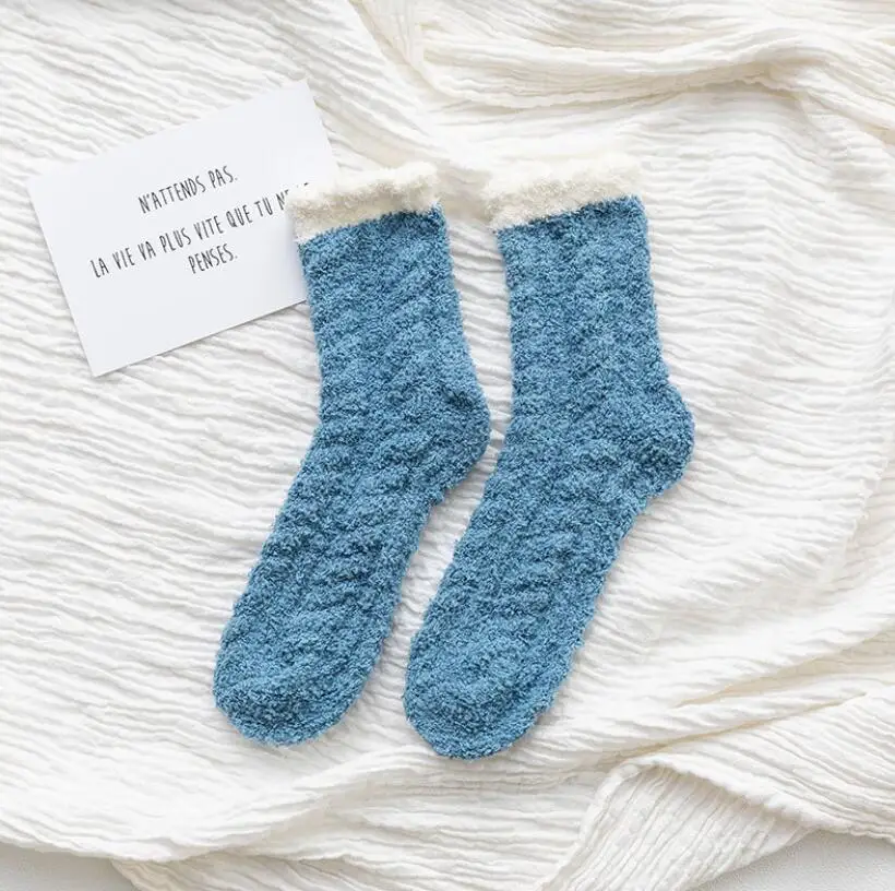 Coral Fleece Home Thickening Floor Sock Keep Warm Women Socks Cashmere Cotton Solid Winter Funny Socks Snow Land Cotton High New - Цвет: BKUE