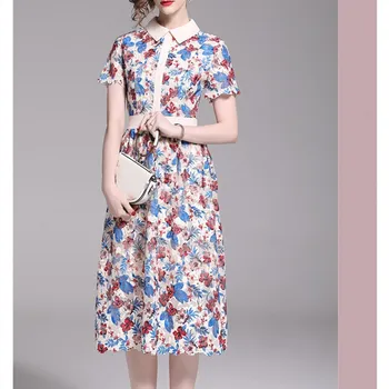 

Fashion 2019 Women Summer Casual A-Line Dress Elegant Short Sleeve Floral Print Dress Turndown Neck Slim Lace Dress