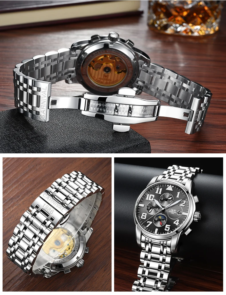 Relogio CARNIVAL Moon Phase Мужские часы Топ бренд класса люкс автоматические механические часы сталь Бизнес водонепроницаемые спортивные часы