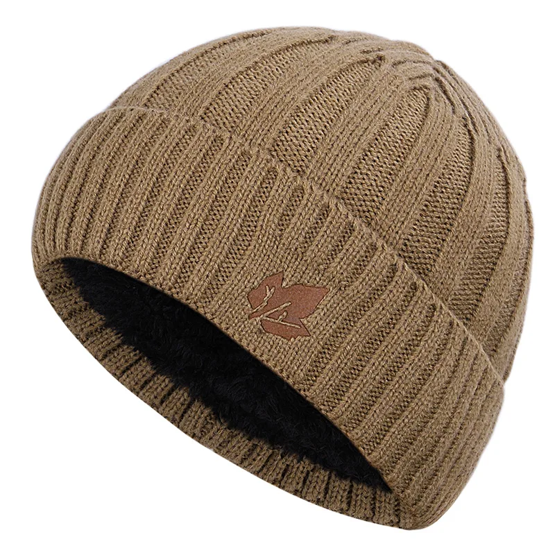Khaki-2 Кленовый лист Мужская зимняя шапка шарф 2 шт Мужская и Женская Полосатая хлопковая шапка теплая вязаная шапка шарф набор плюс бархатный плотный нагрудник - Цвет: Khaki-2