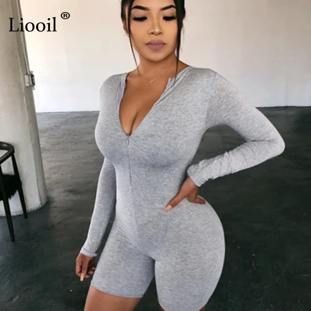Long Sleeve-Gray Liooil, черный, серый, Облегающий комбинезон, женская одежда с обеих сторон, сексуальный комбинезон, осень, на молнии, вечерние, Клубные комбинезоны, комбинезоны, шорты - Цвет: Long Sleeve-Gray