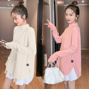 

5192# Autumn Winter Korean Fashion Knitted Patchwork Maternity Sweaters A Line Shirt Clothes for Pregnant Women Pregnancy Tops
