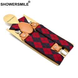 SHOWERSMILE Suspenders Man For Pants Black Red Argyle Adjustable Y Back Suspender Belt 3 Clips With Leather Male Braces