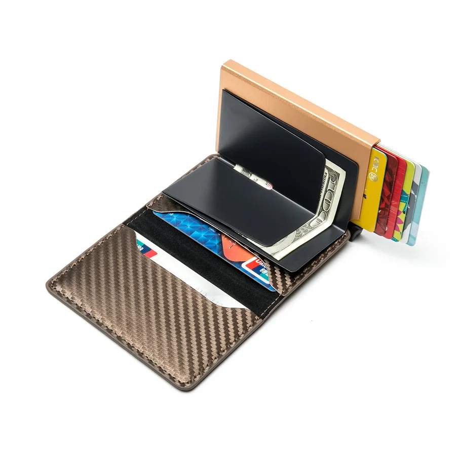 

YAMBUTO RFID Men Women Business PU Leather Single Box Wallet Carbon Fiber Protector Credit Card Holder Slim Card Case