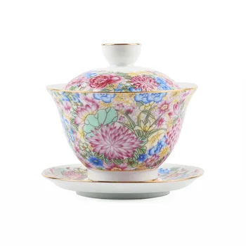 

Famille Rose Cover Bowl Imitation Hand-painted Steak Flower High White Ceramic Enamel Three Bowls Sopera De Ceramica Gaiwan