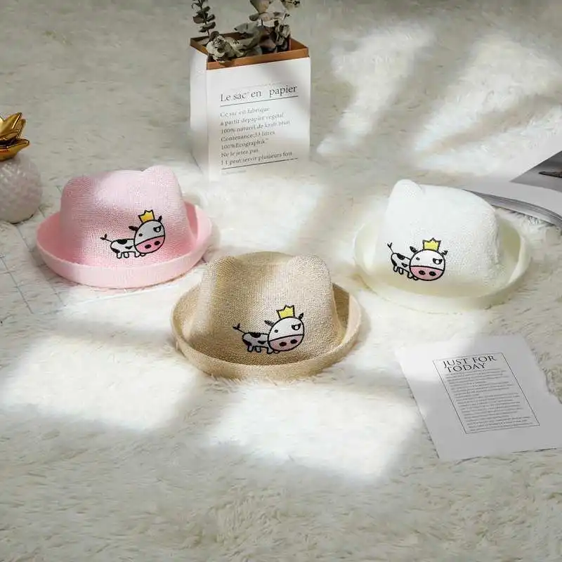 

Bay Hat Fashion Korean-style Cute Cow Baby Bucket Hat Children Spring Summer Holiday Beach Hat CHILDREN'S College Style Straw Ha