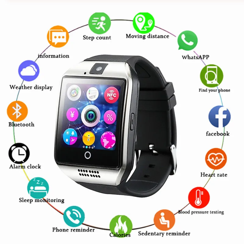 Мужские Смарт часы Q18 с Bluetooth и камерой Facebook Whatsapp Twitter синхронизация SMS поддержкой