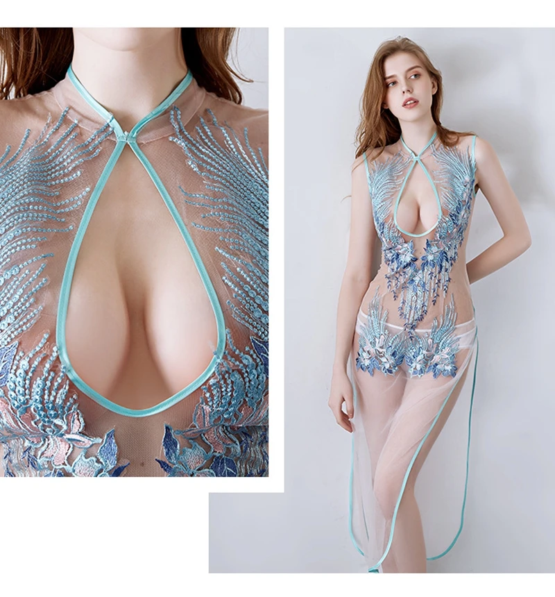 Короткое длинное платье, сексуальное, тонкое, прозрачное, кружевное, для ночной красоты, сексуальное платье, чонсам, с разрезом, Сетчатое, искушение, прозрачная, рабочая одежда