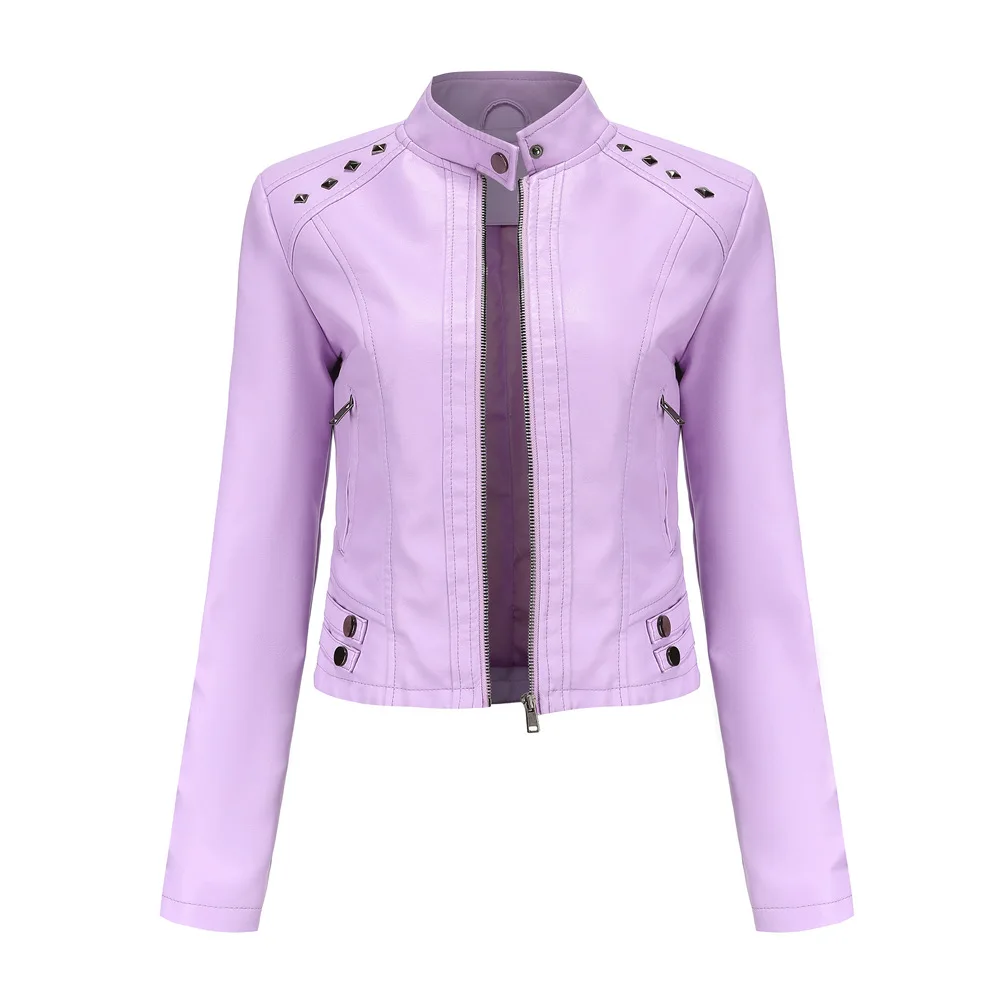 

Fashion New Short PU Leather Jacket Women Rivet Spring Autumn Women's Coat Long Sleeve Slim Casual Jacket Stand Collar