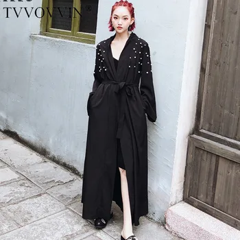 

TVVOVVIN Waistband Pearl Lengthen Trench Coat Loose Plus Size Coat Fashion Individuality Top Women V Neck Vintage Tops C593