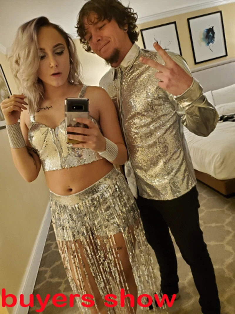 Goede Zilver Metallic Pailletten Glitter Shirt Mannen 2019 Nieuwe 70 s Disco Party Halloween Kostuum Chemise Homme Stage Performance Overhemd Mannelijke