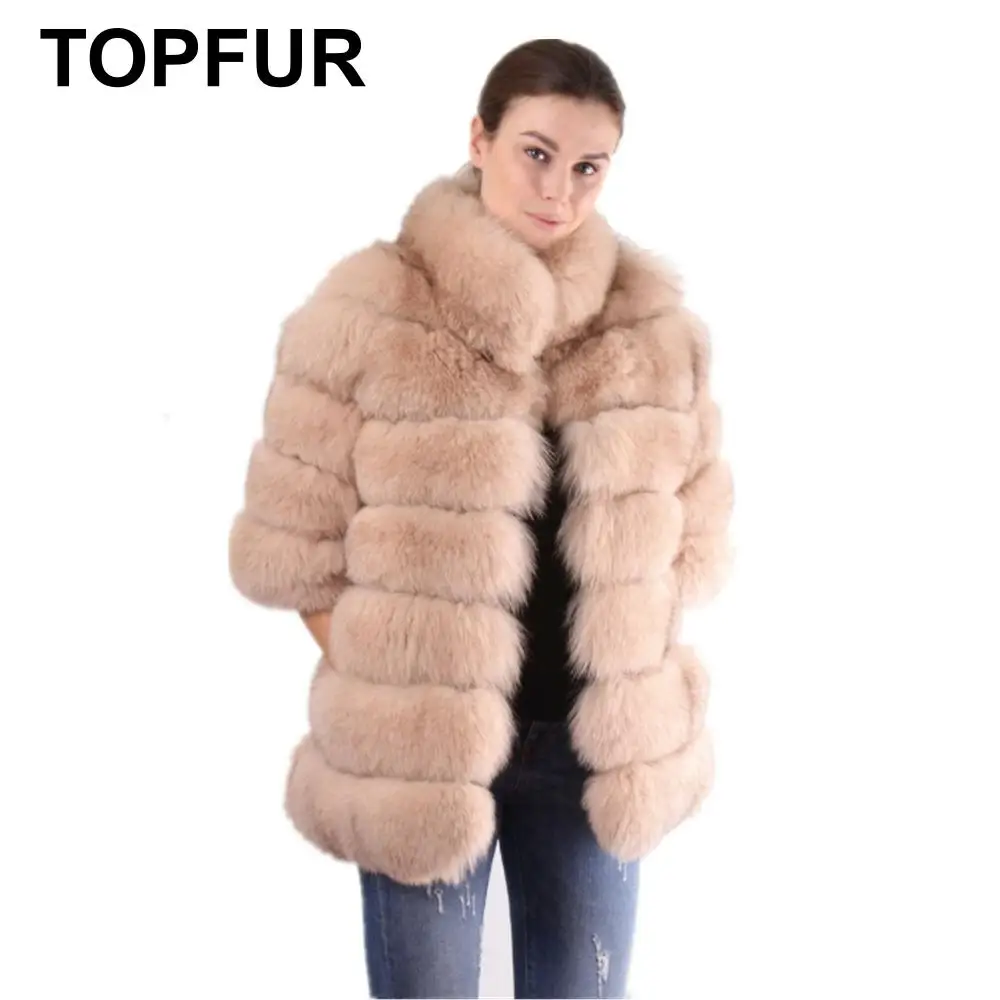 TOPFUR, модные зимние женские короткие пальто, натуральный мех, пальто для женщин, розовый Лисий мех, верхняя одежда и пальто, половина рукава, воротник-стойка