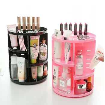 

360 Degree Rotation Plastic Storage Rack Black/White/Pink Color Desktop Cosmetics Organizer Multi Function Box Holder for Women