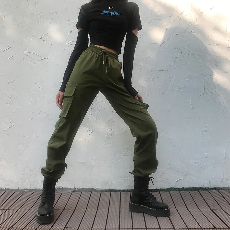 Rapwriter Fashion Drawstring Elastic High Waist Cargo Pants Women Autumn Straight Loose Black Trousers Pantalon Femme Green