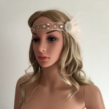 

1920s Feather Headband Bridal Great Flapper Costume Dress Pink