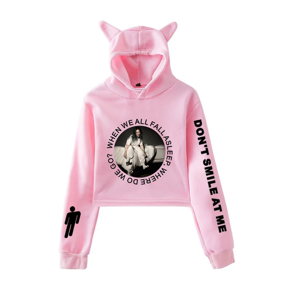 Kawaii Billie Eilish, укороченный топ, толстовки, Harajuku, с длинным рукавом, негабаритный, Billie Eilish, пуловер, осенний, Повседневный, с котом, короткий свитер