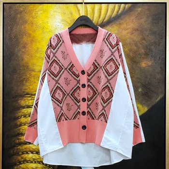 

2020 Spring New Style casual women sweater Knitted Joint Shirt Women's Loose-Fit Retro Rhombus Jacquard Sweater