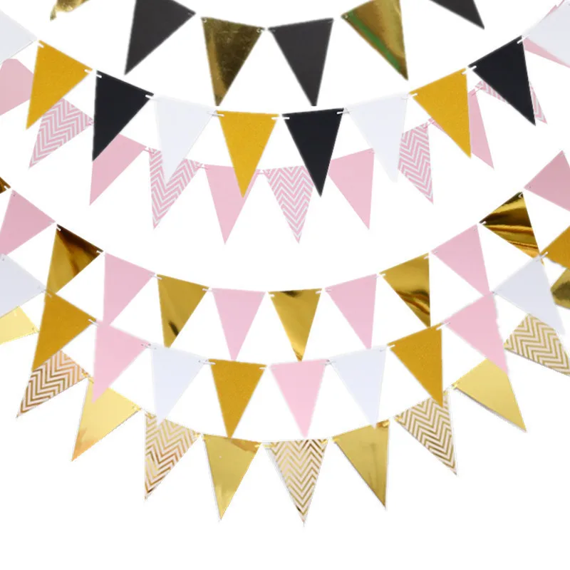 12 флагов золотой серебряный черный баннер Гирлянда DIY Блестящий бумажный баннер на день рождения для дома для мероприятий, вечеринок, Свадьбы вечерние украшения