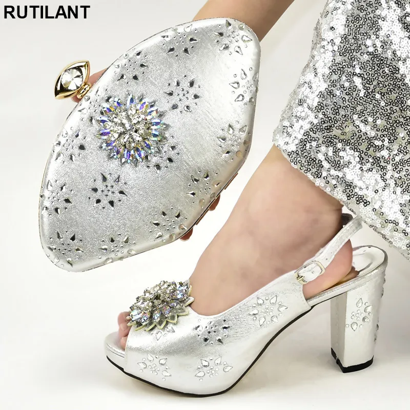

New Shoe and Matching Bag for Nigeria Party Ladies Sandals with Heels Rhinestone Wedding Shoes Italian Shoes with Matching Bags