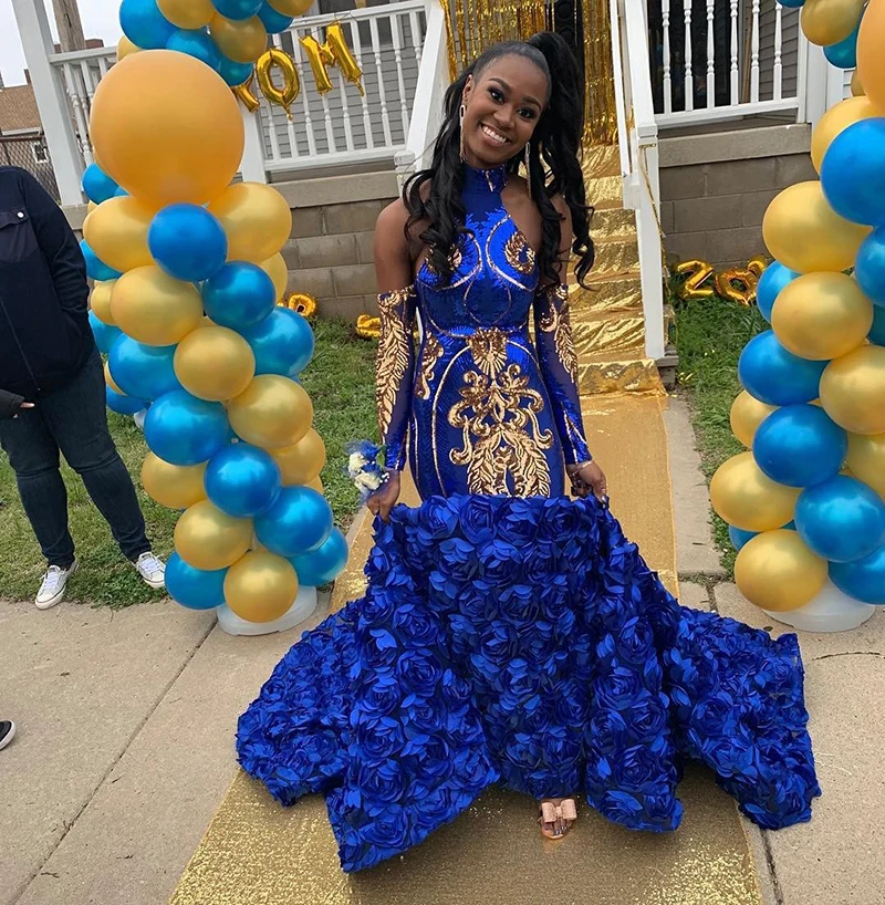 Женское длинное платье русалка синее для выпускного вечера с длинным рукавом