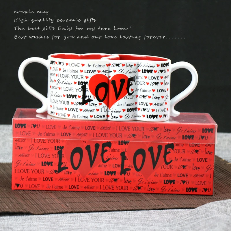 Личность тенденция Керамика пара чашки творческий в виде сердца, для влюбленных стакана воды в подарочной коробке с отметками