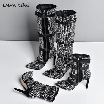 

EMMA KING Luxury Bling Crystal Over Knee Boots Autumn Winter Boots Women Driling Rivets Studs Belt Strap Design High Heels Shoes
