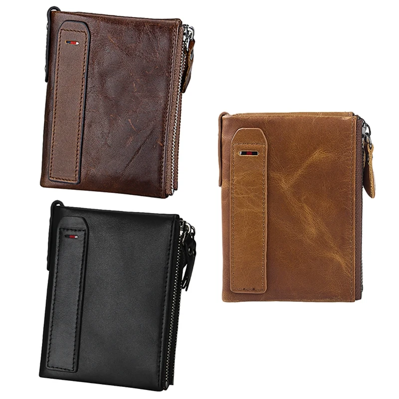 Leather Men Wallets Short Credit Business Card Holders Double Zipper Wallet Purse