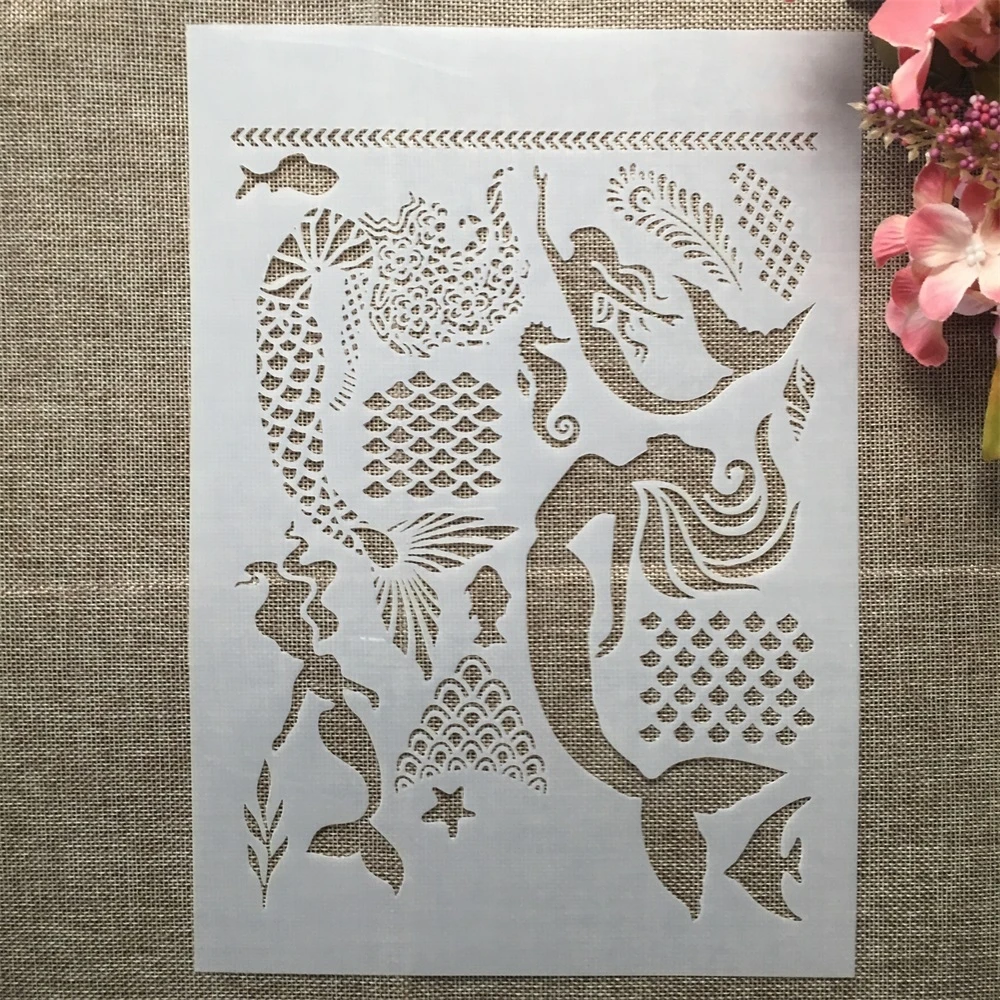 A4 29cm Mermaid Fish Girls DIY Layering Stencils Wall Painting Scrapbook Coloring Embossing Album Decorative Template | Канцтовары для