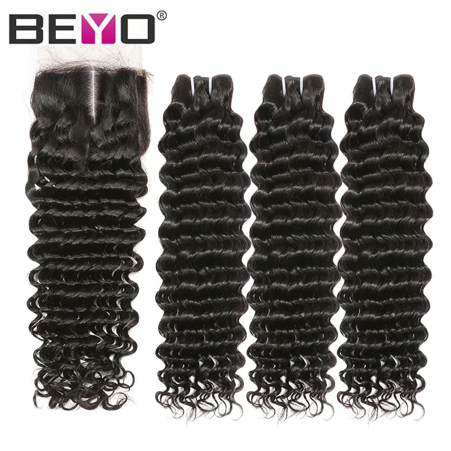

Deep Wave Human Hair Bundles With Closure Brazilian Hair Weave Bundles With Closure Natural Color Non Remy Hair Extension Beyo