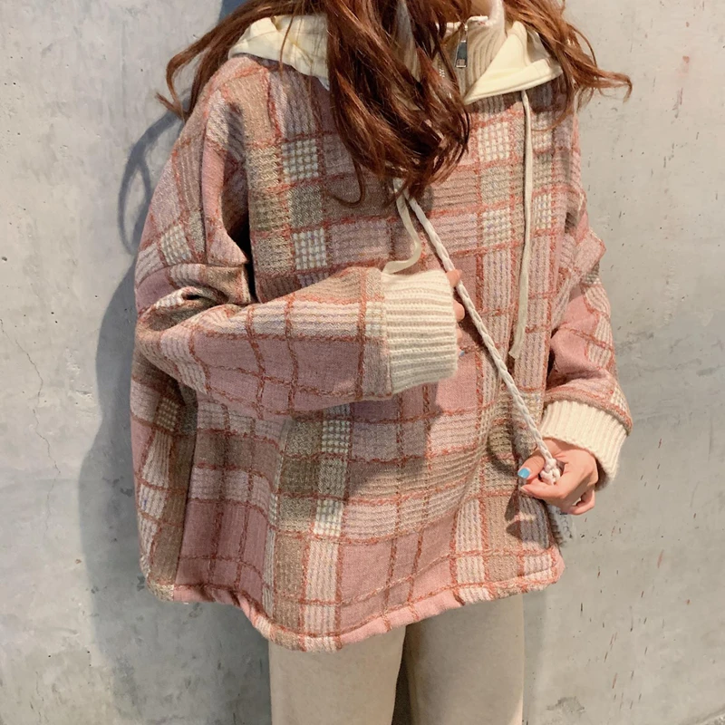 HAYBLST Брендовые женские толстовки осень зима Kpop Kawaii Повседневный Топ свободного кроя размера плюс 2XL с длинным рукавом клетчатая одежда с высоким воротником