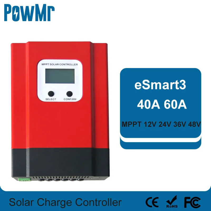 PowMr ESmart3 MPPT 40A 60A Solar Controller 48V/36V/24V/12V Auto Back-light LCD Max 150VDC Input Energy Saving RS485 Port