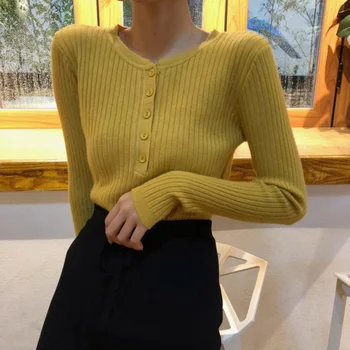 

Autumn New Solid Color Button Decoration Sweater Fashion Slim Round Neck Long-sleeved Women Knit Pullover