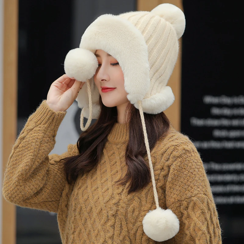 

HT3373 New Fashion Autumn Winter Hat Women Thick Warm Knitted Earflap Trapper Cap Cute Pompoms Russian Hat Lady Ski Russian Cap